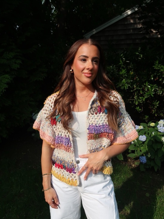 Anthropologie Sweaters - Anthropologie Cream Multicolor Crochet Short-Sleeve Cardigan
